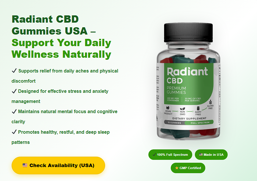 Radiant CBD Gummies 450mg bottle and gummies